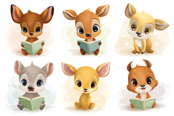 Obraz premium Cute Cartoon Animals Reading Books in a Playful and Whimsical Style