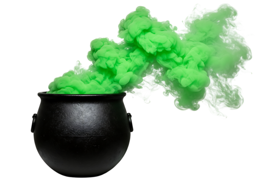 A black cauldron emitting thick green smoke isolated on transparent background