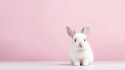 Obraz premium cute animal pet rabbit or bunny white color smiling and laughing isolated with copy space for easter background, rabbit, animal, pet, cute, fur, ear, mammal, background, celebration, generate by AI