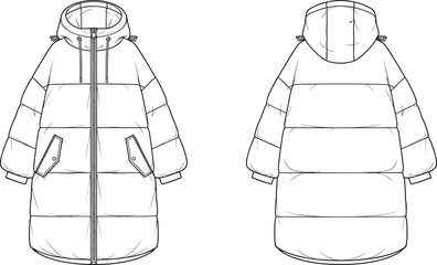 CAD drawing flat vector illustration of hooded puffer jacket front and back view, technical winter outerwear fashion design sketch template