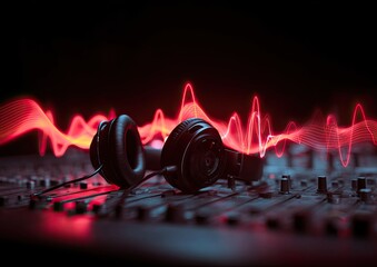 Headphones on mixing console with red audio waves