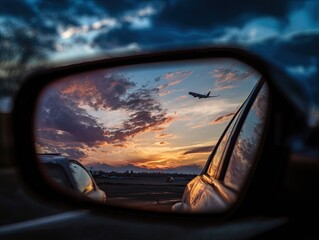 Sunset view through car mirror, airplane flying
