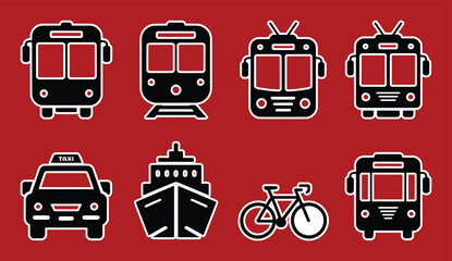 Black and white transportation icons on red background vehicle travel