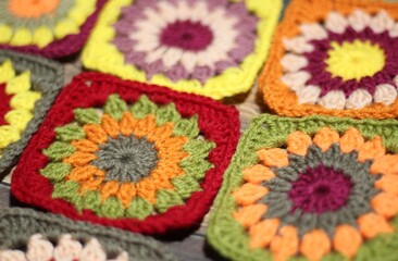 Granny square collection motives different colors flower decor crocheted samples handmade art photo 