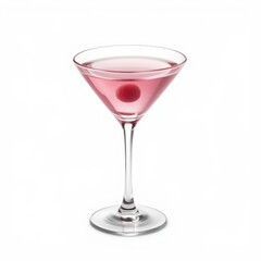 Martini glass with vibrant pink cocktail and floating raspberry, clean silhouette on white background