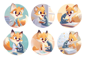Obraz premium Playful Cartoon Fox Engaged in Science Experiments with Microscope