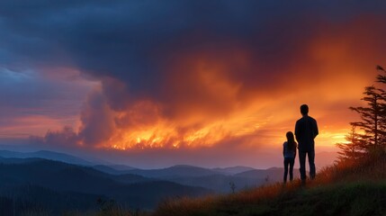 Man and Young Girl Watching Smoke from Distant Forest Wildfire at Sunset with Dramatic Orange Sky

