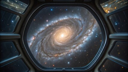 View of a spiral galaxy from a spaceship window, showcasing stars, cosmic dust, and luminous core in deep space.