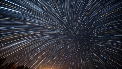A long-exposure photo showing star trails swirling around a central point in the night sky above a dark horizon.