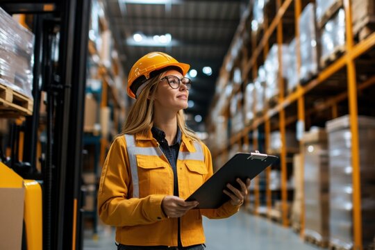 Female supervisor holding clipboard and inspecting warehouse inventory