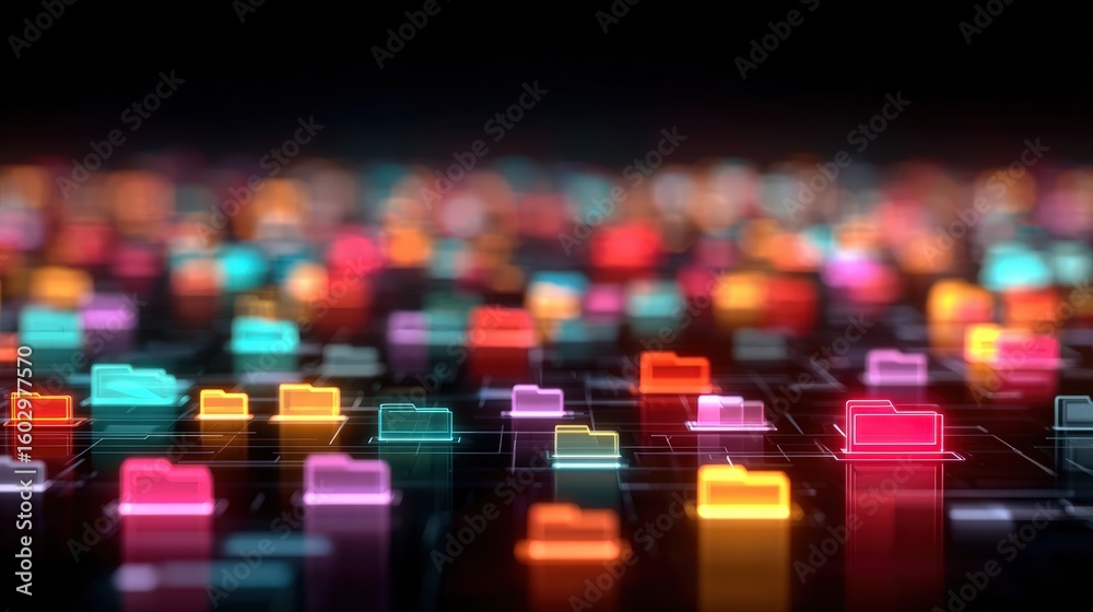 Poster abstract network grid with files and folders, futuristic software interface, digital document manage