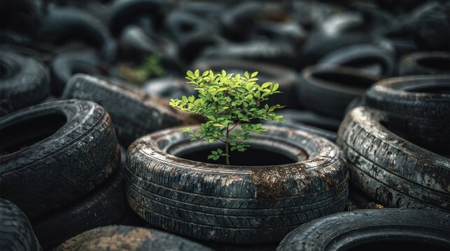 Tiny sprout amidst discarded tires