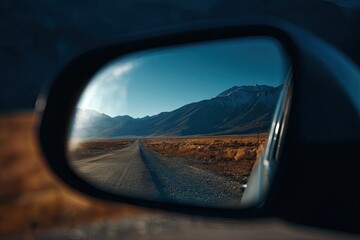 Fototapeta premium Mountain road seen in car mirror