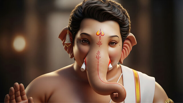 A captivating close-up of Lord Ganesha in a traditional dhoti and shawl, with a striking expression and a blurry, warm background