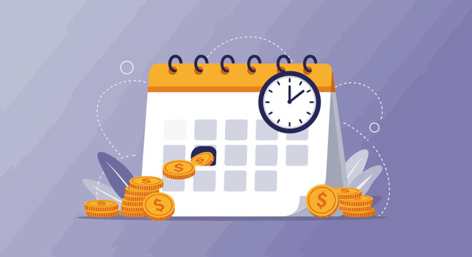 Time is money concept showing a calendar with a clock and coins for financial scheduling and deadlines.