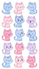 Pastel colored kawaii cats in pink blue purple hues showing various emotions expressions sitting poses with striped fur patterns, isolated 