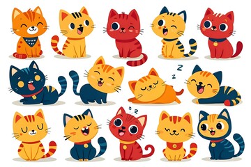 Colorful cartoon cats in different poses - sitting, sleeping, playing - with stripes, collars, and cheerful expressions displayed, isolated