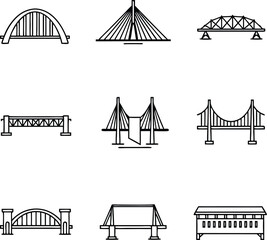 Collection of various bridge designs in simple black and white outline style