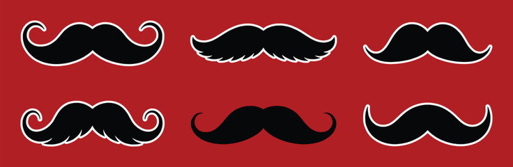 Black mustache shapes collection on red background white outline