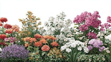 Obraz premium Assorted Flowers in a Flowerbed with White Background