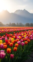 A vibrant tulip field stretching towards distant mountains under a soft morning light glow