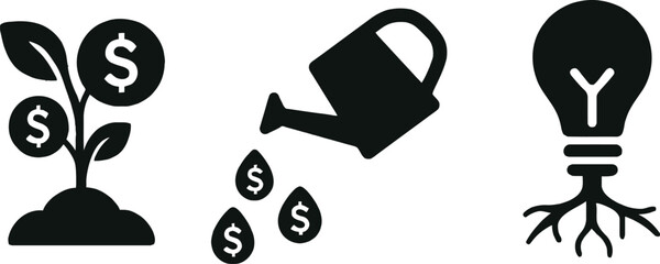 Financial Growth and Innovation Icons – Investment, Nurture, and Idea Vector Silhouettes