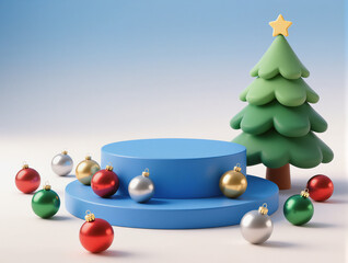 Xmas podium balls and cartoon spruce. 3d rendering 