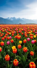 Obraz premium A vibrant field of tulips in full bloom with mountains and a clear blue sky in the background