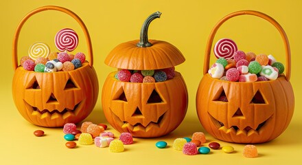 Carved halloween pumpkins filled with colorful candies and lollipops, representing trick or treat fun for autumn holiday. Happy halloween banner with copy space