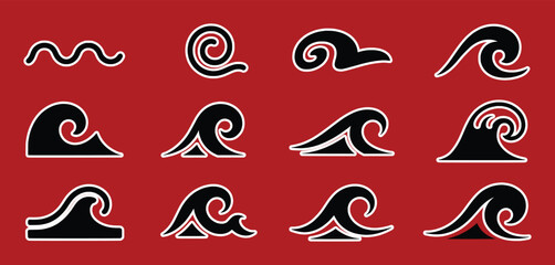 Black stylized waves with white outlines on a red background water ocean