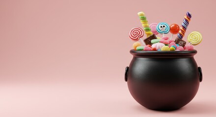 Halloween witch cauldron filled with colorful sweet candy treats and gold coins on a pastel pink background. Spooky season holiday. Happy Halloween banner with copy space