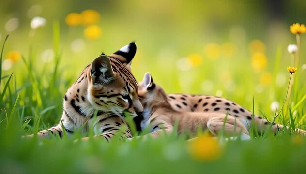 Ocelot lying in tall grass with its baby