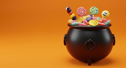 Halloween witch cauldron filled with colorful sweet candy treats and gold coins on a orange background. Spooky season holiday. Happy Halloween banner with copy space