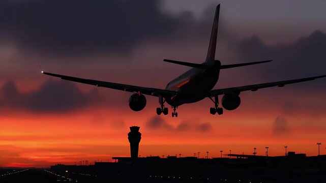 Breathtaking airplane descending for landing at a bustling airport during a fiery sunset vibrant sky with control tower silhouette and runway lights