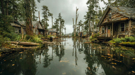 Fototapeta premium An abandoned village lies submerged under water, with only rooftops visible amidst the flooded landscape