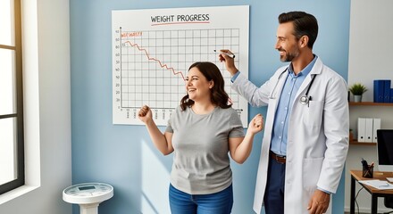 A supportive doctor celebrating with an overweight patient by updating a progress chart on the wall, showing a positive trend in their health journey.