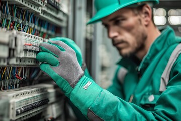 Man troubleshooting electrical wiring with diagnostic skills, focused on control panel filled with wires and switches. Concept of man troubleshooting electrical wiring in industrial setting.
