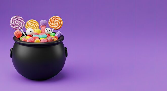 Halloween witch cauldron filled with colorful sweet candy treats and gold coins on a purple background. Spooky season holiday. Happy Halloween banner with copy space