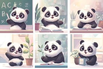 Obraz premium Cute Panda Cartoon Characters in Classroom Setting for Education Theme