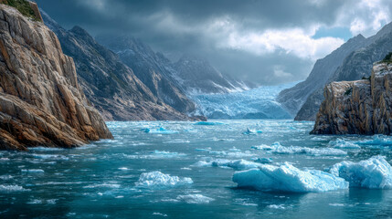 Frigid waters cradle gigantic ice chunks, remnants of a collapsing glacier. Rocky cliffs rise behind, while a gloomy sky hints at the pressing threats of climate change and melting ice
