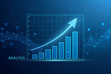 Naklejka premium Digital financial growth chart with upward arrow and data analysis on blue background