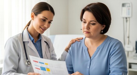 A female doctor with a kind expression placing a reassuring hand on her overweight female patient's shoulder, showing empathy and support.