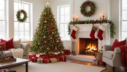 Cozy Christmas living room scene with a beautifully decorated tree, roaring fireplace, and festive stockings, evoking holiday warmth