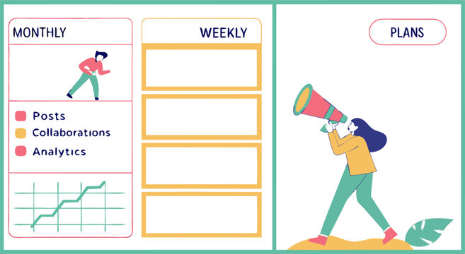 Creative illustration of a person using a megaphone to announce plans and a planner with monthly and weekly sections for posts collaborations and analytics