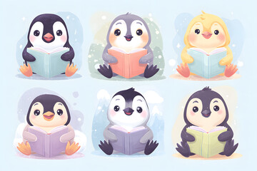 Obraz premium Cute Cartoon Penguins Reading Books in a Playful Style
