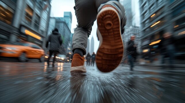 Action-packed urban street scene with motion blur on rainy day - Powered by Adobe