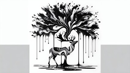 A striking monochrome artwork depicting a deer and a dripping, organic tree.