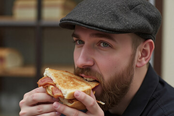 Close-Up Portrait of British Man Eating a Sandwich – Lifestyle Concept Stock Image