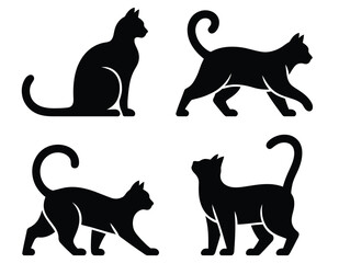  Elegant black cat silhouettes in four expressive poses—sitting, walking, stretching, standing—minimalist design for decor and pet themes