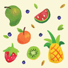 Playful crayon hand-drawn fruit illustration pattern with mango, strawberry, kiwi, orange, watermelon, and pineapple. Perfect for kids' prints, packaging, and summer designs.